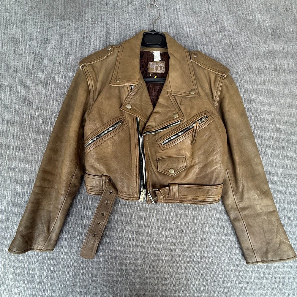 Vintage UMR Real Leather Cropped Biker Jacket Womens Medium Brown Asymmetric Zip